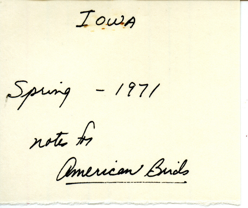 Gladys Black letter to Vernon Kleen, April 24, 1971, covered activities of Iowa Ornithologists' Union members in producing checklists and publications, who does reporting from various lakes in Iowa, how rare bird reports are made, and her own report of bird observations in the past week. This item was used as supporting documentation for the Iowa Ornithologists' Union Quarterly field report of spring 1971.