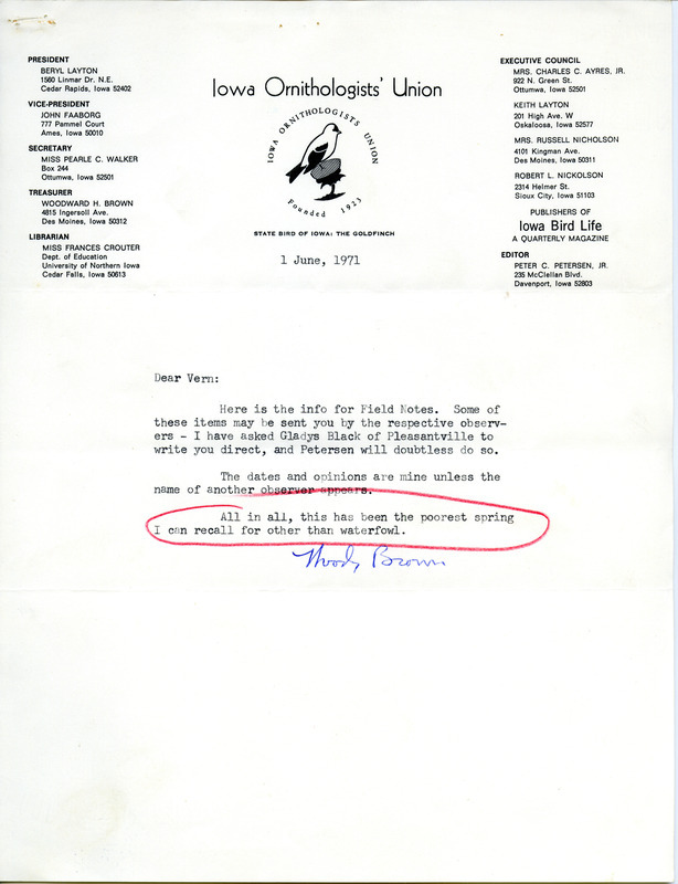 Field notes of birds sighted in Iowa during the spring of 1971 was compiled by Woodward H. Brown. It was preceded by his June 1, 1971 cover letter to Vernon Kleen saying "Here is the info for Field Notes," and reporting other people who may provide information. Some parts are underlined in blue, but these bird names were circled or starred: Cattle Egret, Broad-winged Hawk, Rough-legged Hawk, Osprey, Worm-eating Warbler, and Black-throated Blue Warbler. These items were used as supporting documentation for the Iowa Ornithologists' Union Quarterly field report of spring 1971.