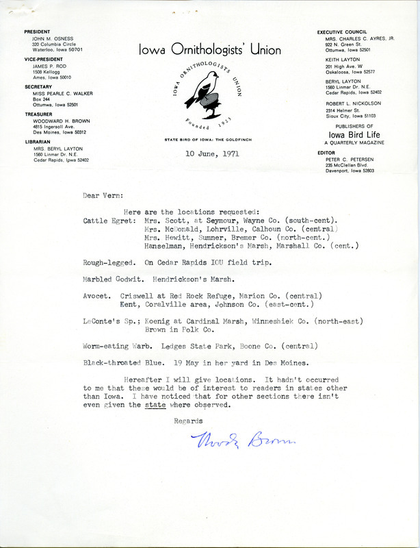 Woodward H. Brown letter to Vernon M. Kleen provided information Kleen requested on the locations of bird sightings Brown reported in the Field notes for spring season 1971. This item was used as supporting documentation for American birds, spring 1971 report.