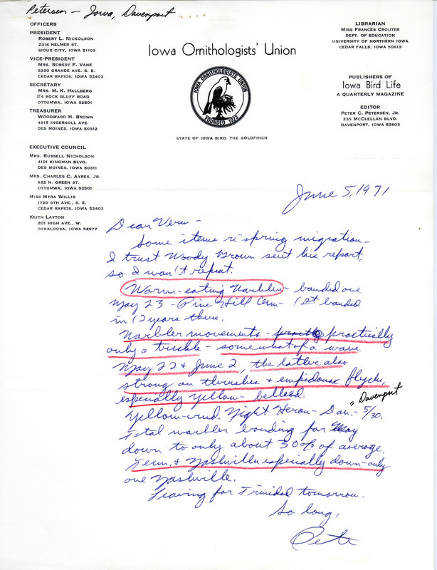 Peter C. Petersen letter to Vernon M. Kleen was regarding spring migration 1971, June 5, 1971. Annotations indicate Petersen's location was Davenport, Iowa. Some parts were underlined in red, and the bird name Worm-eating Warbler was circled in red. This item was used as supporting documentation for the Iowa Ornithologists' Union Quarterly field report of spring 1971.