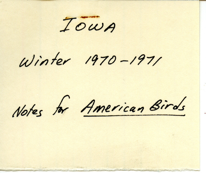 Gladys Black letter to Vernon M. Kleen was regarding changes in habitat and birds sighted at Red Rock Refuge during 1968-1970, April 7, 1971. Black noted the spectacular change in the number of migratory species since Lake Red Rock was filled in 1969. She discussed various bird sightings at the lake, including that of a Great Blue Heron rookery and vulture roosts. This item was used as supporting documentation for the Iowa Ornithologists' Union Quarterly field report of winter 1970-1971.