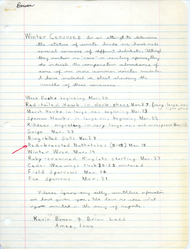 Winter census of common birds in Ames, Iowa recorded by Kevin Bowen and Brian Ladd, including a migration report for March 1971. This item was used as supporting documentation for the Iowa Ornithologists' Union Quarterly field report of winter 1970-1971.