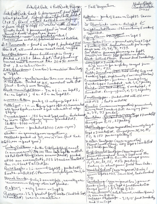 Gladys Black listed birds observed at Lake Red Rock and Red Rock Refuge during the fall migration, 1973. This item was used as supporting documentation for the Iowa Ornithologists' Union Quarterly field report of fall 1973.