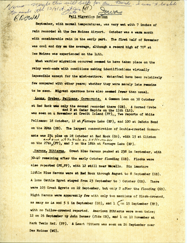 Quarterly field report for the fall of 1973 compiled by Woodward H. Brown and titled "Fall migration season." The report is a draft with manual annotations, and a note at the top indicates is was sent by Peter C. Petersen to Vernon M. Kleen to help provide information for American birds.