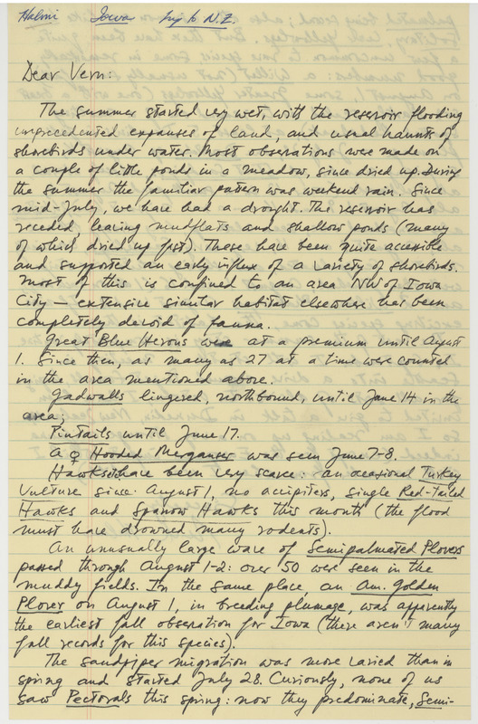 Letters from Nicholas S. Halmi to Vernon M. Kleen regarding birds he observed in the fall and summer of 1973. One letter was about birds observed during summer 1973 near Iowa City. The other letter, dated November 20, 1973, was about birds observed during the fall of 1973 at Coralville Reservoir. This letter noted the following birds that the author regarded as rare: Willets, Stilt Sandpipers, Sanderlings, and Western Sandpipers. These items were used as supporting documentation for the Iowa Ornithologists' Union Quarterly field report of fall 1973.