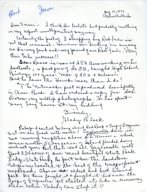 Letter and notes from Gladys Black to Vernon M. Kleen regarding the impact of flooding on the habitat of birds and the birds sighted at Red Rock Refuge and the Pleasantville, Iowa area during the summer of 1973. This item was used as supporting documentation for the Iowa Ornithologists' Union Quarterly field report of summer 1973.