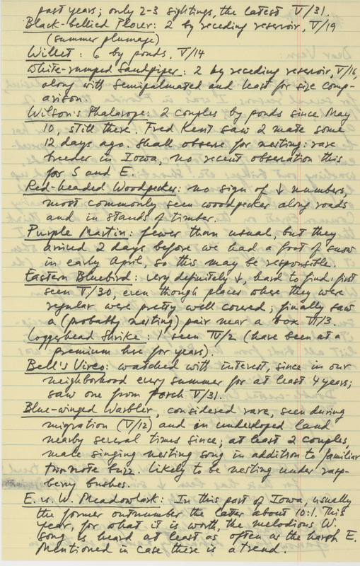 Field notes from Nicholas S. Halmi describing birds sighted during May-July, 1973. This item was used as supporting documentation for American birds, spring 1973 report. This item was also used as supporting documentation for the Iowa Ornithologists' Union Quarterly field report of spring 1973.