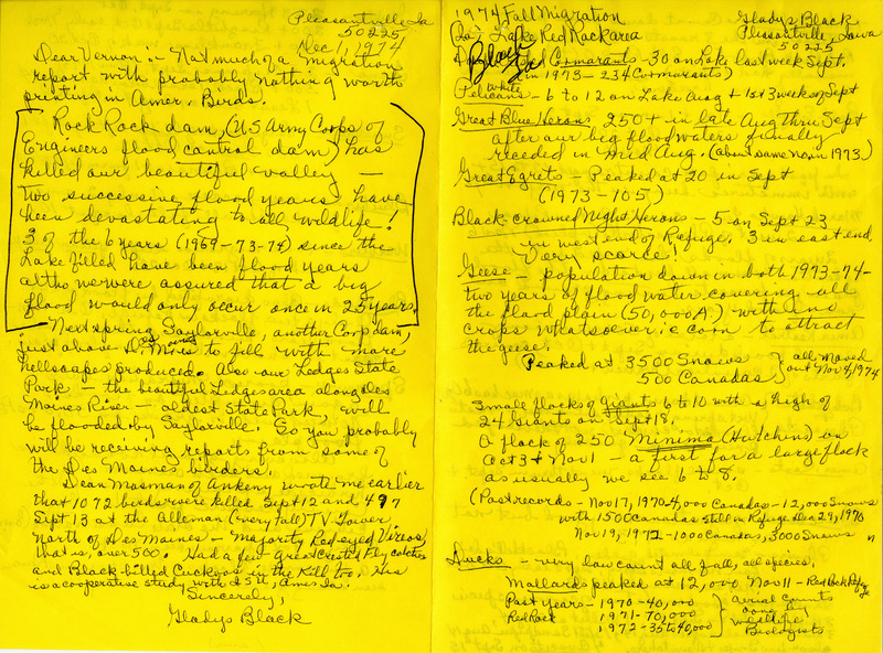 Letters from Gladys Black to Vernon Kleen regarding the fall migration and the nesting season of 1974 in the Lake Red Rock area. The letters discuss the impact of flooding from new dams on wildlife in central Iowa, a report from Dean Mosman about a bird kill at a TV tower near Alleman, Iowa, the nesting season, and the fall migration. These items were used as supporting documentation for the Iowa Ornithologists' Union Quarterly field report of fall 1974.