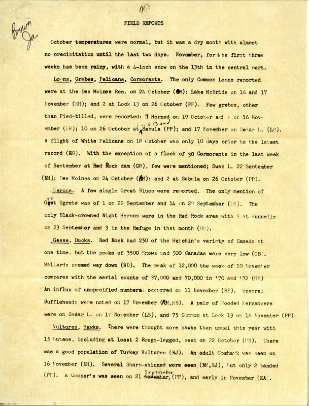 Annotated draft of the quarterly field report for fall 1974 compiled by Woodward H. Brown. Included is a separate October 3, 1974 report from Nicholas S. Halmi, called Sight record of Sharp-tailed Sandpiper near Iowa City.