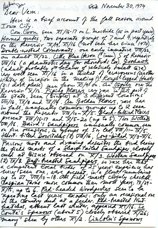 Nicholas S. Halmi letter to Vernon M. Kleen was regarding birds sighted around Iowa City during fall 1974, November 30, 1974. This item was used as supporting documentation for the Iowa Ornithologists' Union Quarterly field report of fall 1974.