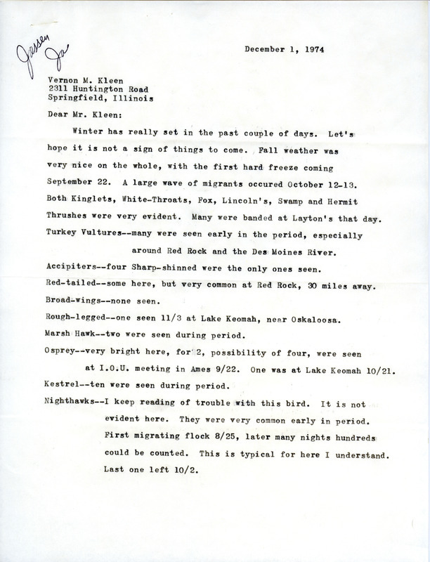 Robert Jessen sent a letter and checklist to Vernon M. Kleen regarding birds sighted during 1974 fall migration, December 1, 1974. The checklist was compiled with Keith Layton and covered Oskaloosa, Iowa. These items were used as supporting documentation for the Iowa Ornithologists' Union Quarterly field report of fall 1974.