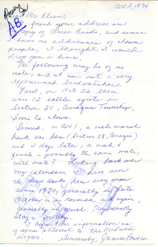 Fall 1974 field notes for Amaqua Township and Council Bluffs. The letter from Janice Powers to Vernon Kleen describes sightings in Amaqua Township, Boone County, Iowa. The second document is from Melba Wigg and lists birds migrating through the Council Bluffs area during the fall. These items were used as supporting documentation for the Iowa Ornithologists' Union Quarterly field report of fall 1974.