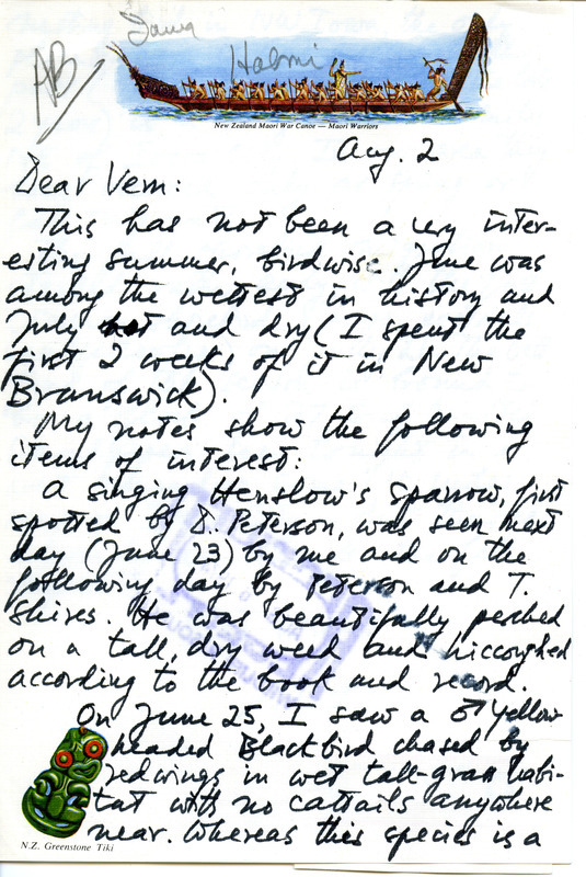 Nicholas S. Halmi letter to Vernon M. Kleen regarding birds sighted around Iowa City during summer 1974. Halmi described wet summer weather conditions and seeing a Henslow's Sparrow, a Yellow-headed Blackbird, and Buff-breasted Sandpipers. He noted shorebirds began migration early, on July 21. This item was used as supporting documentation for the Iowa Ornithologists' Union Quarterly field report of summer 1974.