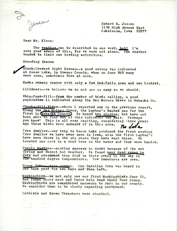 Annotated letter from Robert Jessen to Vernon M. Kleen reporting birds sighted near Oskaloosa, including nesting successes and failures at Goose Lake and elsewhere in Mahaska County. This letter was used as supporting documentation for the Iowa Ornithologists' Union Quarterly field report of summer 1974.