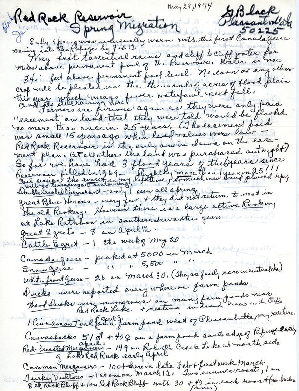 Report from Gladys Black, reporting on the 1974 spring migration at Red Rock Reservoir and describing the impact of flooding on bird habitat. This item was used as supporting documentation for the Iowa Ornithologists' Union Quarterly field report of spring 1974.