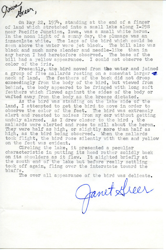 Detailed report of a Snowy Egret near Pacific Junction from Janet Greer to Vernon M. Kleen on May 22, 1974. This item was used as supporting documentation for the Iowa Ornithologists' Union Quarterly field report of spring 1974.