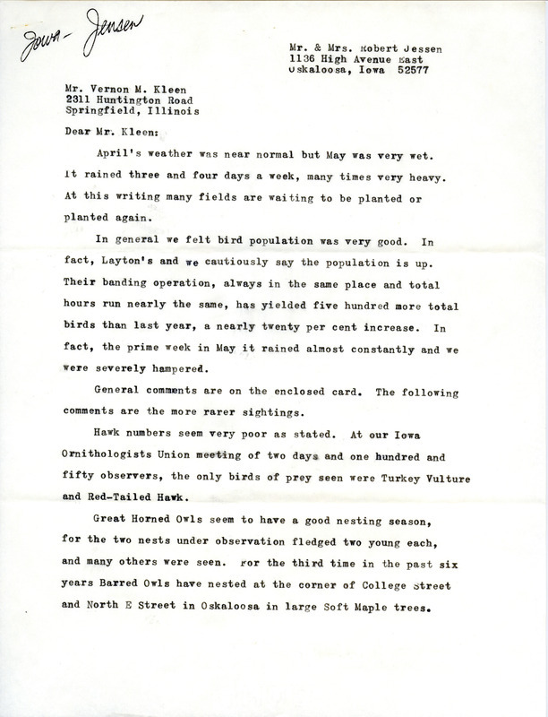 Letter and accompanying checklist from Robert and Valerie Jessen to Vernon M. Kleen reporting birds banded and sighted near Oskaloosa. These items were used as supporting documentation for the Iowa Ornithologists' Union Quarterly field report of spring 1974.