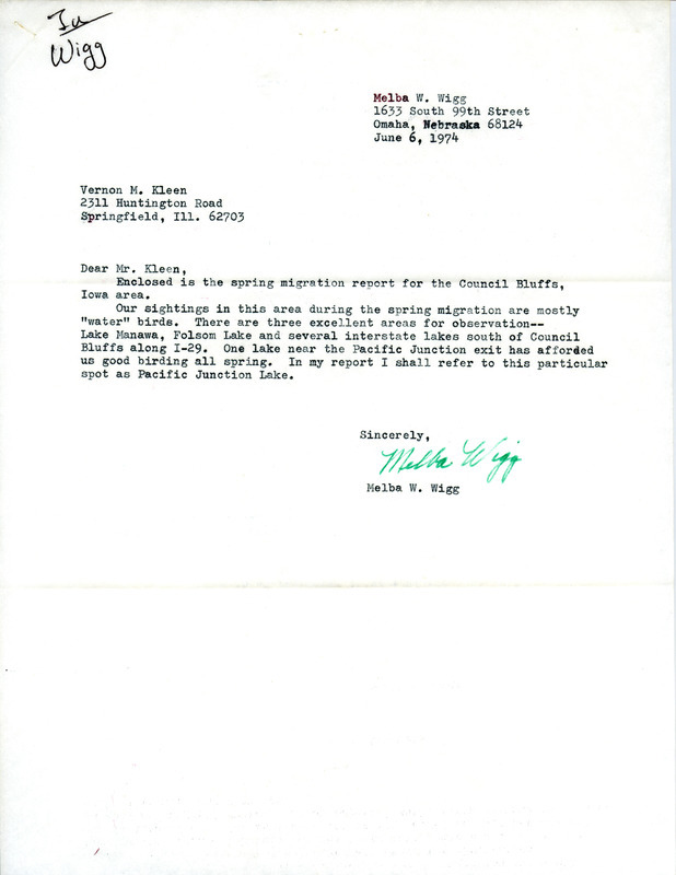 Melba Wigg letter and report to Vernon M. Kleen was regarding spring migration bird sightings near Council Bluffs, June 6, 1974. Rare birds sighted were a Red-throated Loon, Snowy Egret, American Golden Plover, Snowy Plover, and Worm-eating Warbler. These items were used as supporting documentation for the Iowa Ornithologists' Union Quarterly field report of spring 1974.