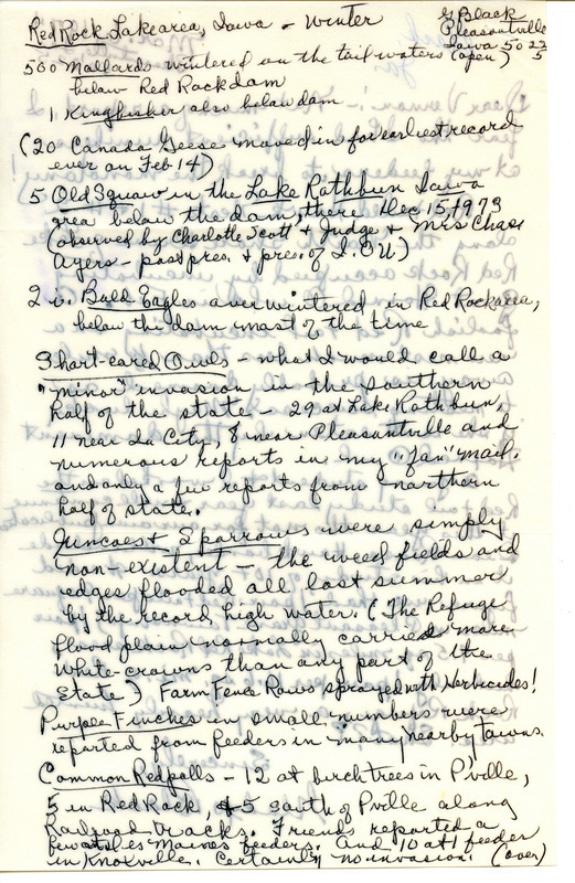 Letter from Gladys Black to Vernon M. Kleen reporting winter Red Rock Lake area bird sightings, nesting locations of Red-tailed Hawks and Great Horned Owls, and a Red-tailed Hawk population density study. These items were used as supporting documentation for the Iowa Ornithologists' Union Quarterly field report of winter 1973-1974.