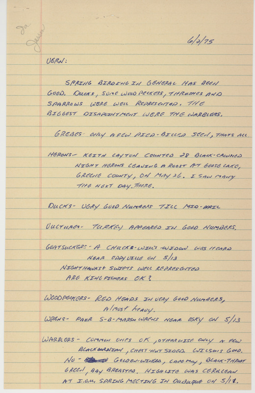 Robert Jessen letter to Vernon M. Kleen was regarding spring birds sighted near Oskaloosa, June 2, 1975. He noted the banding of a rare Le Conte's Sparrow. This item was used as supporting documentation for the Iowa Ornithologists' Union Quarterly field report of spring 1975.