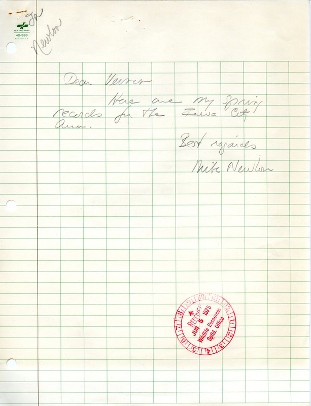 Spring records for birds sighted in the Iowa City area were sent by Michael C. Newlon with a cover letter to Vernon M. Kleen. He listed highlights and included tables of numbers of bird species seen on various days in April and May. Report was undated but stamped as received June 5, 1975. This item was used as supporting documentation for the Iowa Ornithologists' Union Quarterly field report of spring 1975.