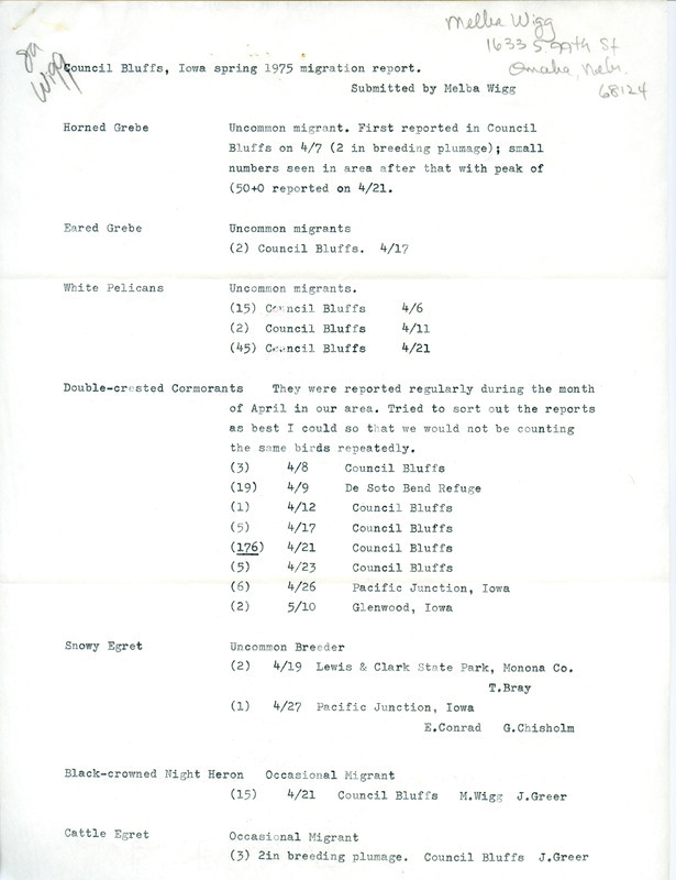 Council Bluffs, Iowa spring 1975 migration report was submitted by Melba Wigg. Birds listed as rare migrants were Long-tailed Duck, Goshawk, Northern Parula and Sharp-tailed Sparrow. This item was used as supporting documentation for the Iowa Ornithologists' Union Quarterly field report of spring 1975.