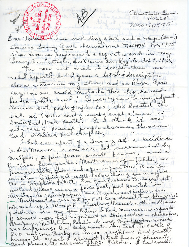 Winter of 1974-75, Red Rock area and Pleasantville, Iowa field notes were submitted by Gladys Black along with a cover letter to Vernon M. Kleen dated March 19, 1975, a newspaper article and a map. The article was one she wrote for the Des Moines Register called "Reports two Snowy Owls seen in central Iowa," and the map showed the number of Snowy Owl observations in Iowa counties, November 1974-March 1975. The letter summarized the findings on Snowy Owls from responses to the newspaper article, and the impact of a blizzard January 10-11 in northwest Iowa that killed many birds and livestock. This item was used as supporting documentation for the Iowa Ornithologists' Union Quarterly field report of winter 1974-1975.