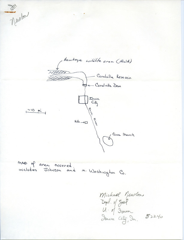 Field notes and map from Michael C. Newlon covered bird sightings in the Iowa City area, winter 1974-1975. The map showed the locations of the Hawkeye Wildlife Area, the Coralville Reservoir and Dam, and Cone March relative to Iowa City. Some sightings extended into March, and were also recorded on the Mississippi River between Davenport and the locks. These items were undated with years, but they were used as supporting documentation for the Iowa Ornithologists' Union Quarterly field report of winter 1974-1975.