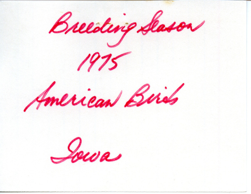 Gladys Black letter to Vernon M. Kleen was regarding birds sighted during breeding season 1975, August 5, 1975. She covered sightings in other parts of Iowa in addition to Pleasantville, Iowa. She expressed concern about the impact of TV towers on bird kills, and recommended that Kleen contact Dean Mosman for more information. This item was used as supporting documentation for the Iowa Ornithologists' Union Quarterly field report of summer 1975.