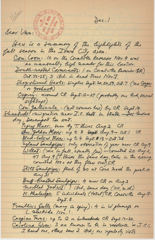 Nicholas S. Halmi letter to Vernon M. Kleen regarding birds sighted around Iowa City during fall 1975, December 1, 1975. This item was used as supporting documentation for the Iowa Ornithologists' Union Quarterly field report of fall 1975.