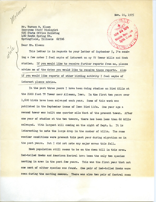 Dean Mosman letter to Vernon M. Kleen regarding birds kills at the Alleman TV tower and hawk population, November 20, 1975. Mosman also reported on fall migration of birds of prey in the Ankeny area. This item was used as supporting documentation for the Iowa Ornithologists' Union Quarterly field report of fall 1975.