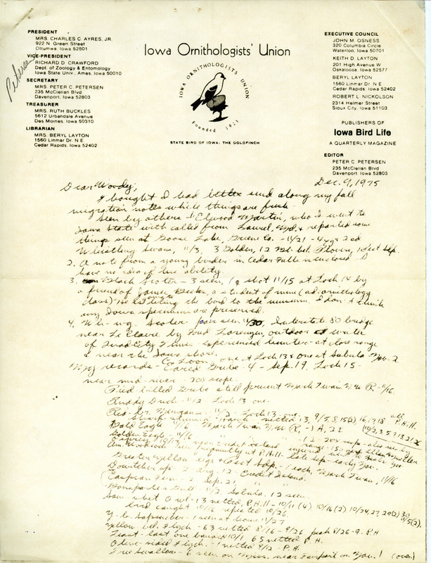 Peter C. Petersen letter to Woodward H. Brown regarding fall migration 1975, December 9, 1975. Most of the sightings were around Davenport, Iowa. An unusual bird seen was a Blackburnian Warbler. This item was used as supporting documentation for the Iowa Ornithologists' Union Quarterly field report of fall 1975.