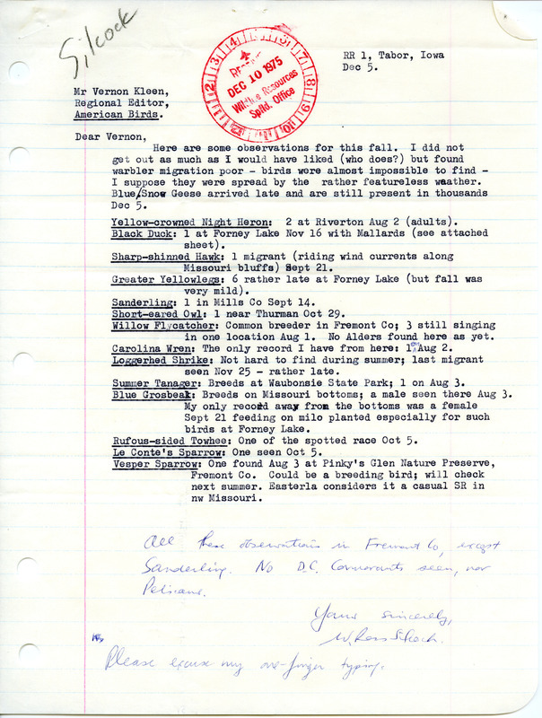 W. Ross Silcock letter to Vernon M. Kleen regarding fall migration 1975, December 5, 1975. Most sightings were in Fremont County, Iowa, with one in Mills County, Iowa. This item was used as supporting documentation for the Iowa Ornithologists' Union Quarterly field report of fall 1975.