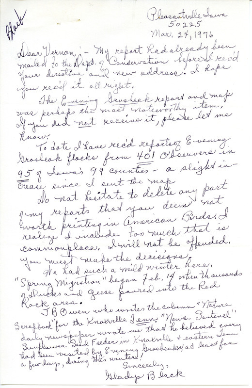 Letter from Gladys Black regarding Evening Grosbeaks in Iowa. This item was used as supporting documentation for the Iowa Ornithologists' Union Quarterly field report of Winter 1975-1976.