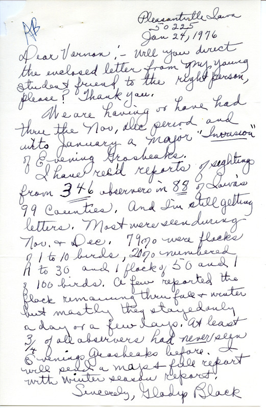 Letter from Gladys Black regarding Evening Grosbeaks in Iowa. This item was used as supporting documentation for the Iowa Ornithologists' Union Quarterly field report of Winter, 1975-1976.