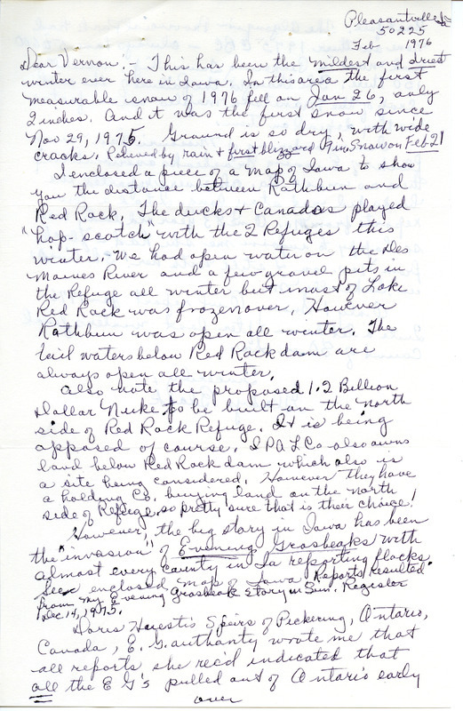 Letter with accompanying maps from Gladys Black to Vernon Kleen, regarding Red Rock Refuge and the Evening Grosbeak Invasion, February 1976. This item was used as supporting documentation for the Iowa Ornithologists' Union Quarterly field report of Winter 1975/1976."