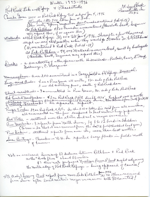 Notes on species observed at Red Rock Lake, Red Rock Refuge, and Pleasantville. This item was used as supporting documentation for the Iowa Ornithologists' Union Quarterly field report of winter 1975/1976.