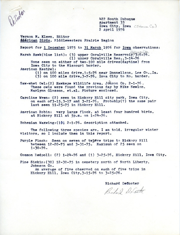 Report from Richard DeCoster detailing bird sightings. This item was used as supporting documentation for the Iowa Ornithologists' Union Quarterly field report of winter 1975/1976.