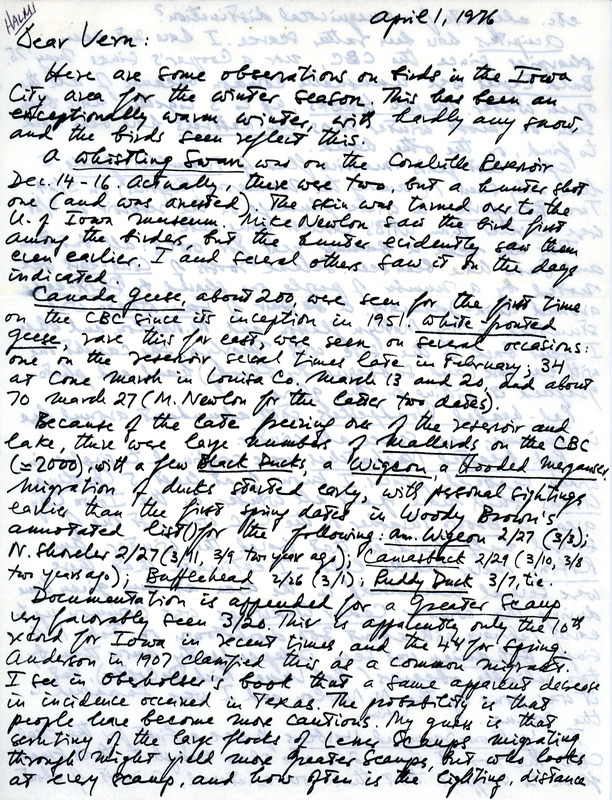 Letter from Nicholas S. Halmi reporting on birds observed near Iowa City. This item was used as supporting documentation for the Iowa Ornithologists' Union Quarterly field report of winter 1975/1976.