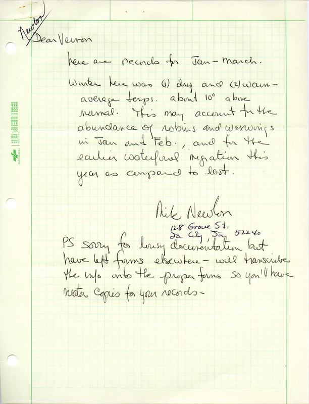 Letter from Michael C. Newlon to Vernon Kleen for winter observations in the Iowa City area. This item was used as supporting documentation for the Iowa Ornithologists' Union Quarterly field report of winter 1975/1976.