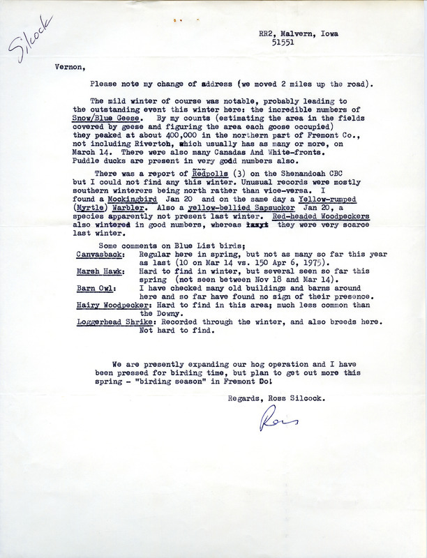 Ross Silcock's notes on birds observed near Malvern, Iowa for the winter of 1975/1976. This item was used as supporting documentation for the Iowa Ornithologists' Union Quarterly field report of winter 1975/1976.