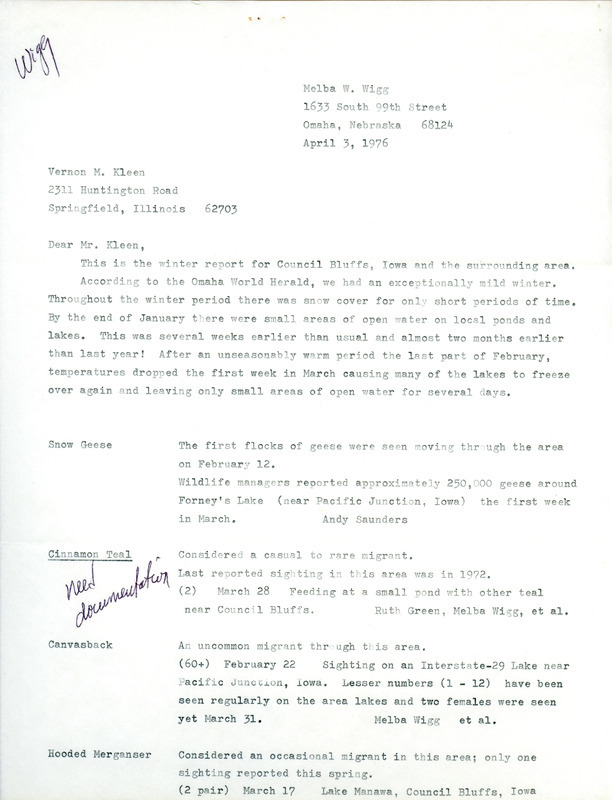 Letter reporting on snow and bird observations for the Council Bluffs area for the winter of 1975-1976. This item was used as supporting documentation for the Iowa Ornithologists' Union Quarterly field report of Winter 1975/1976.