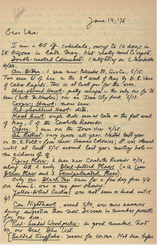 Letter from Nick Halmi with bird sighting records and notes. This item was used as supporting documentation for the Iowa Ornithologists' Union Quarterly field report of Spring 1976.