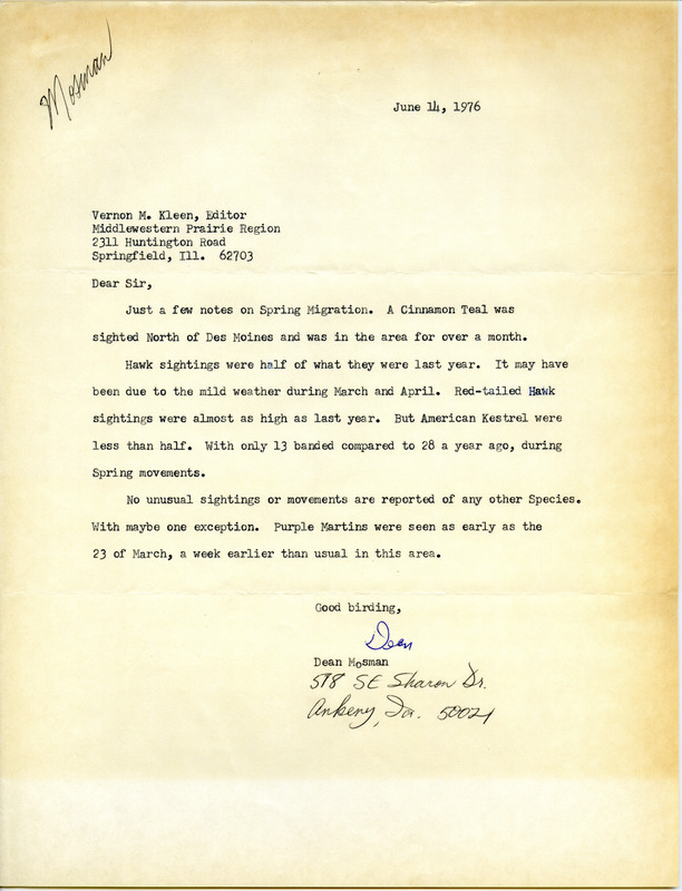 Letter from Dean Mosman with bird sighting notes for Spring Migration. This item was used as supporting documentation for the Iowa Ornithologists' Union Quarterly field report of Spring 1976.