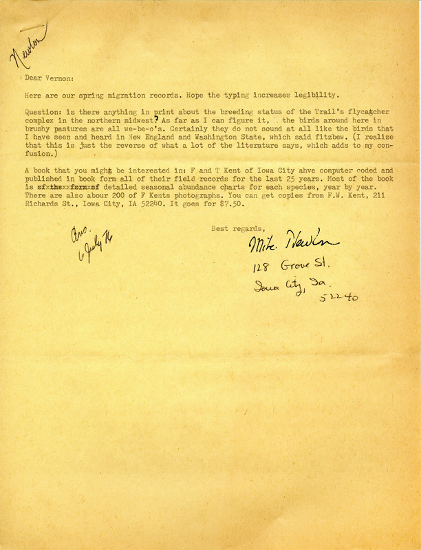 Letter from Mike Newlon containing spring migration records. This item was used as supporting documentation for the Iowa Ornithologists' Union Quarterly field report of Spring 1976.