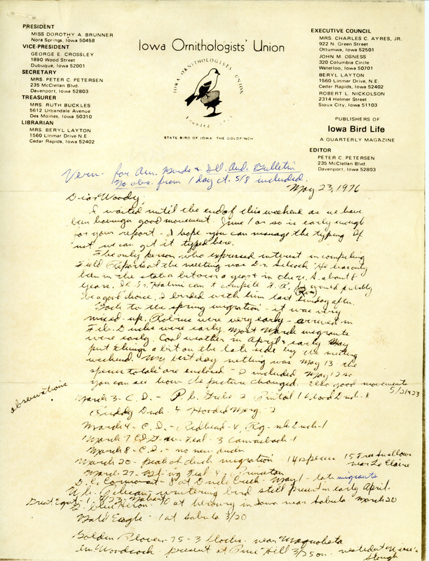 Letter from Peter Peterson with bird sighting notes including notes of birds that were netted. This item was used as supporting documentation for the Iowa Ornithologists' Union Quarterly field report of Spring 1976.