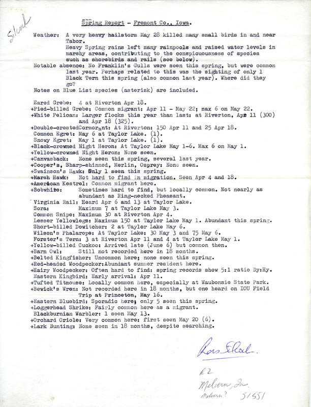 Report from Ross Silcock containing bird sighting records and notes for the spring in Fremont County, Iowa. This item was used as supporting documentation for the Iowa Ornithologists' Union Quarterly field report of Spring 1976.