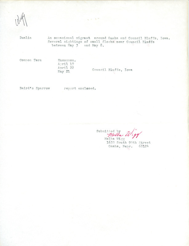 List of bird sightings and notes from Melba Wigg. This item was used as supporting documentation for the Iowa Ornithologists' Union Quarterly field report of Spring 1976.