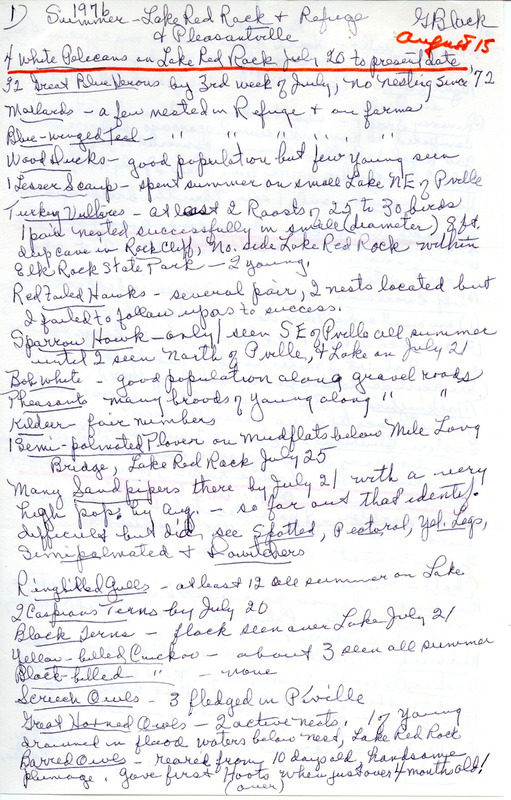 Bird sighting field notes compiled by Gladys Black. This item was used as supporting documentation for the Iowa Ornithologists Union Quarterly field report for the summer of 1976. This object also includes an annotated draft of the IOU quarterly field report for the summer of 1976.