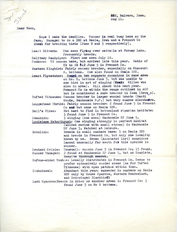 List of birds and locations contributed by Ross Silcock. This item was used as supporting documentation for the Iowa Ornithologists' Union Quarterly Field Report of Summer 1976.